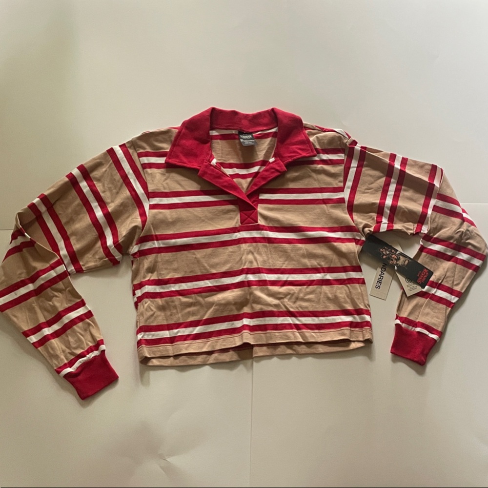No Boundaries Red and Tan “Stranger Things” Striped V-Neck Cropped Sweater